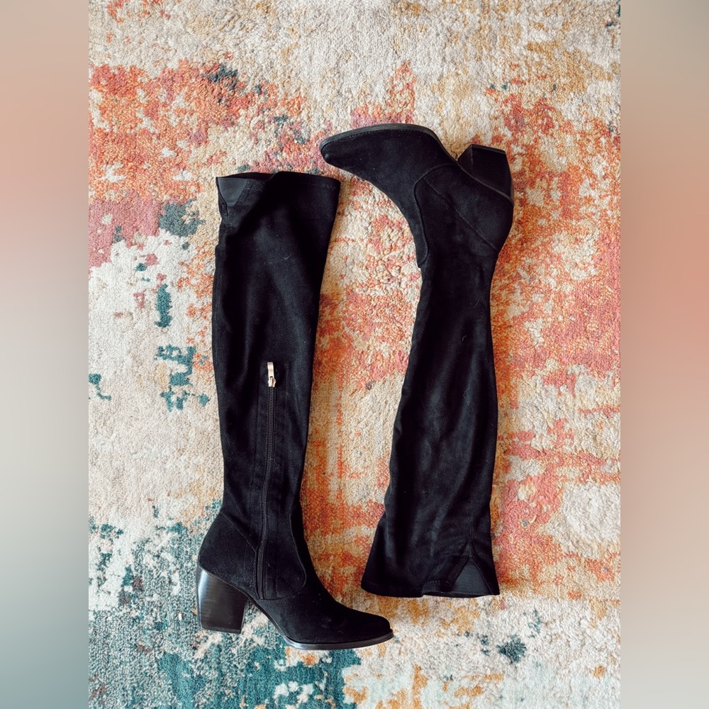 Vegan Faux Suede Black Above The Knee Stretch Boots Stacked Heel